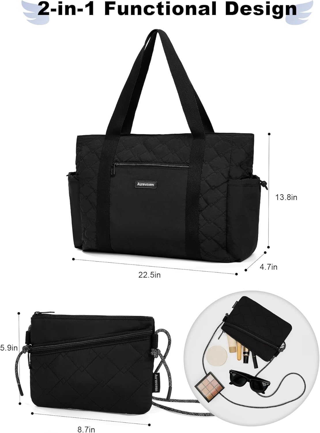 2 PCS Set Quilted Large Travel Tote for Women, Lightweight Tote Bag with 17’’ Laptop Compartment and Zipper Closure, Water-Resistant Puffer Bag for Travel, Office, Gym