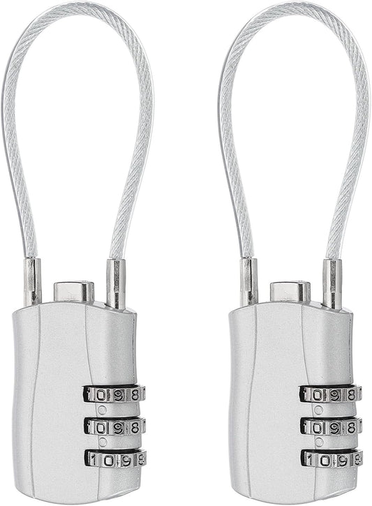 MECCANIXITY 2 Pcs Luggage Travel Lock, 3 Digit Cable Combination Lock 1-3/16" Width Body with 5" Long Cable for Suitcase Bag Cabinets Small Fences Gym, Silver