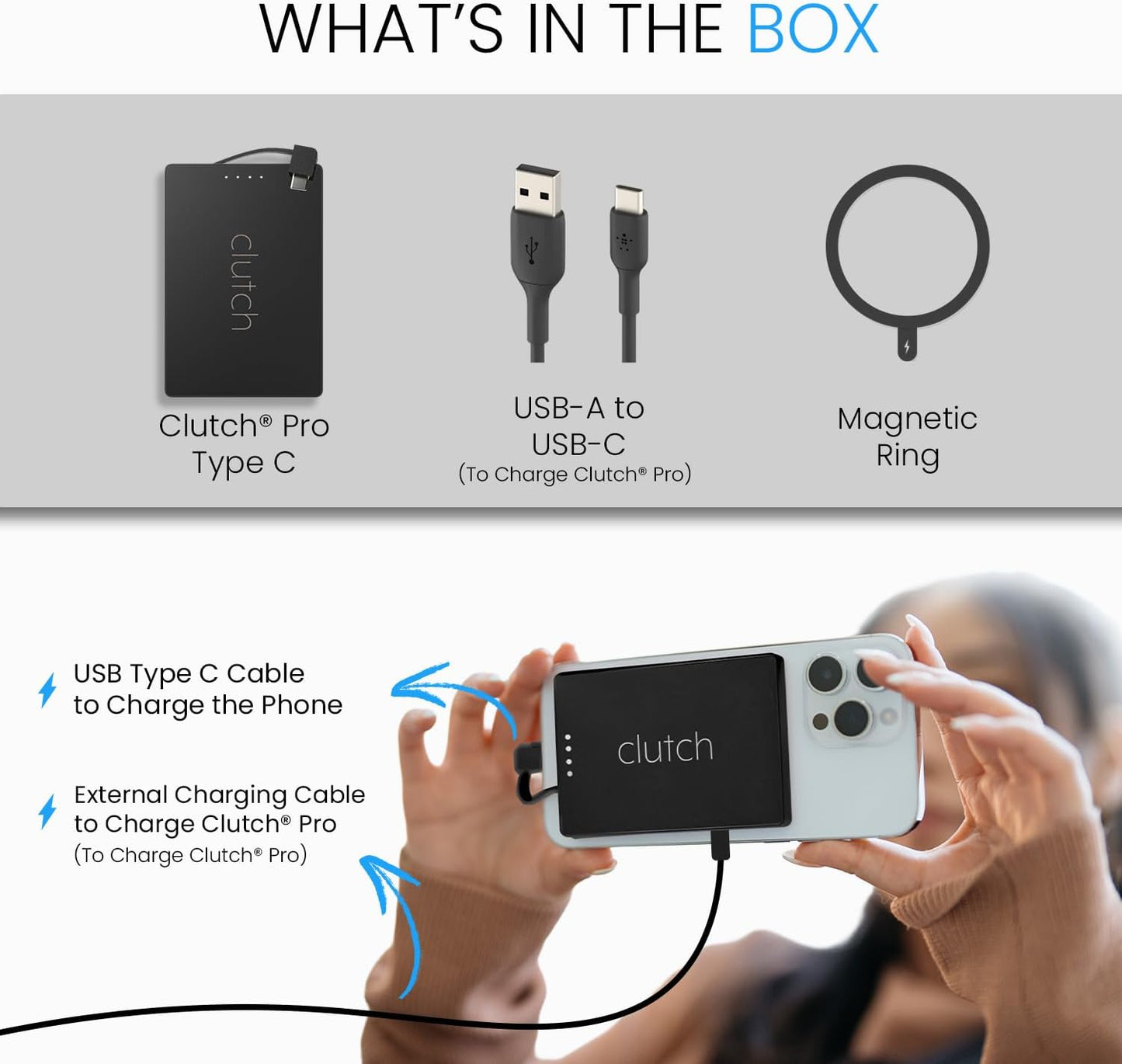 Clutch - Pro USB-C Portable Charger - Compatible with iPhone 15,16, 17 & Android Devices - Power Bank Magnetic Battery - TSA Travel Approved - USB Rechargeable - Built-in Cable - 5000 mAh - 3.7oz