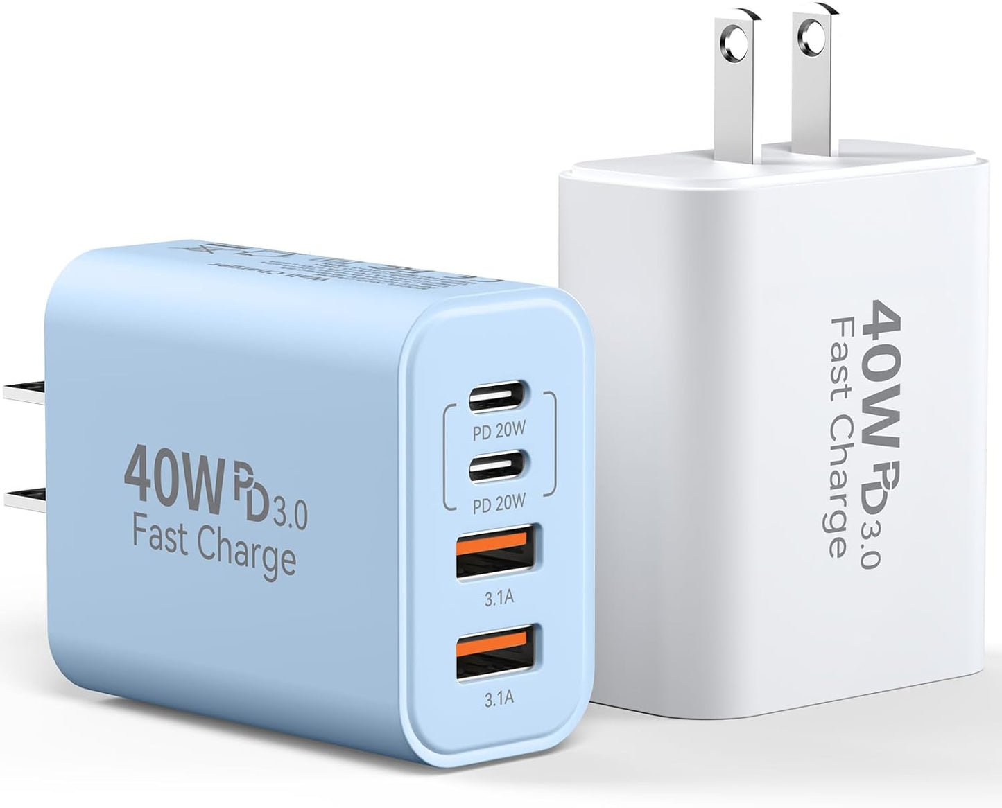 USB C Charger Block, 2Pack 40W 4 Ports Type C Fast Phone Charging Cubes PD Wall Plug+QC 3.0 USB A Charger Power Brick Box for iPhone 16/15/14/13/12/11 Pro Max, iPad, Galaxy, Pixel, White+Blue