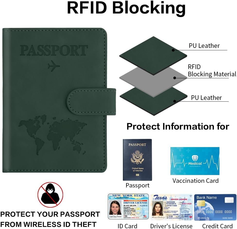 Passport Holder for Travel, Passport Cover Wallet, Premium PU Leather Passport Book Card Holder Case for Women Men, Waterproof RFID Blocking Flying Travelling Essentials Vacation Must Haves, Green