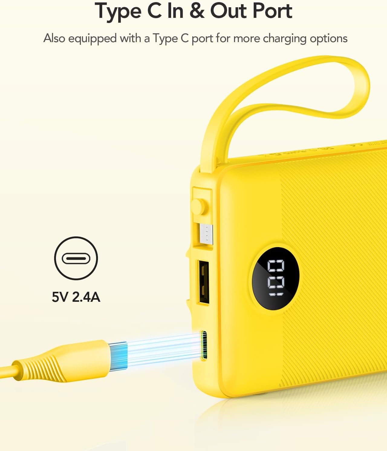 VRURC Portable Charger with Built-in Cables, 10000mAh LED Display USB C Power Bank, Slim Travel Battery Pack with 5 Output 2 Input Compatible with iPhone 17 16 15 13,Samsung,Android etc-Yellow(1 Pack)