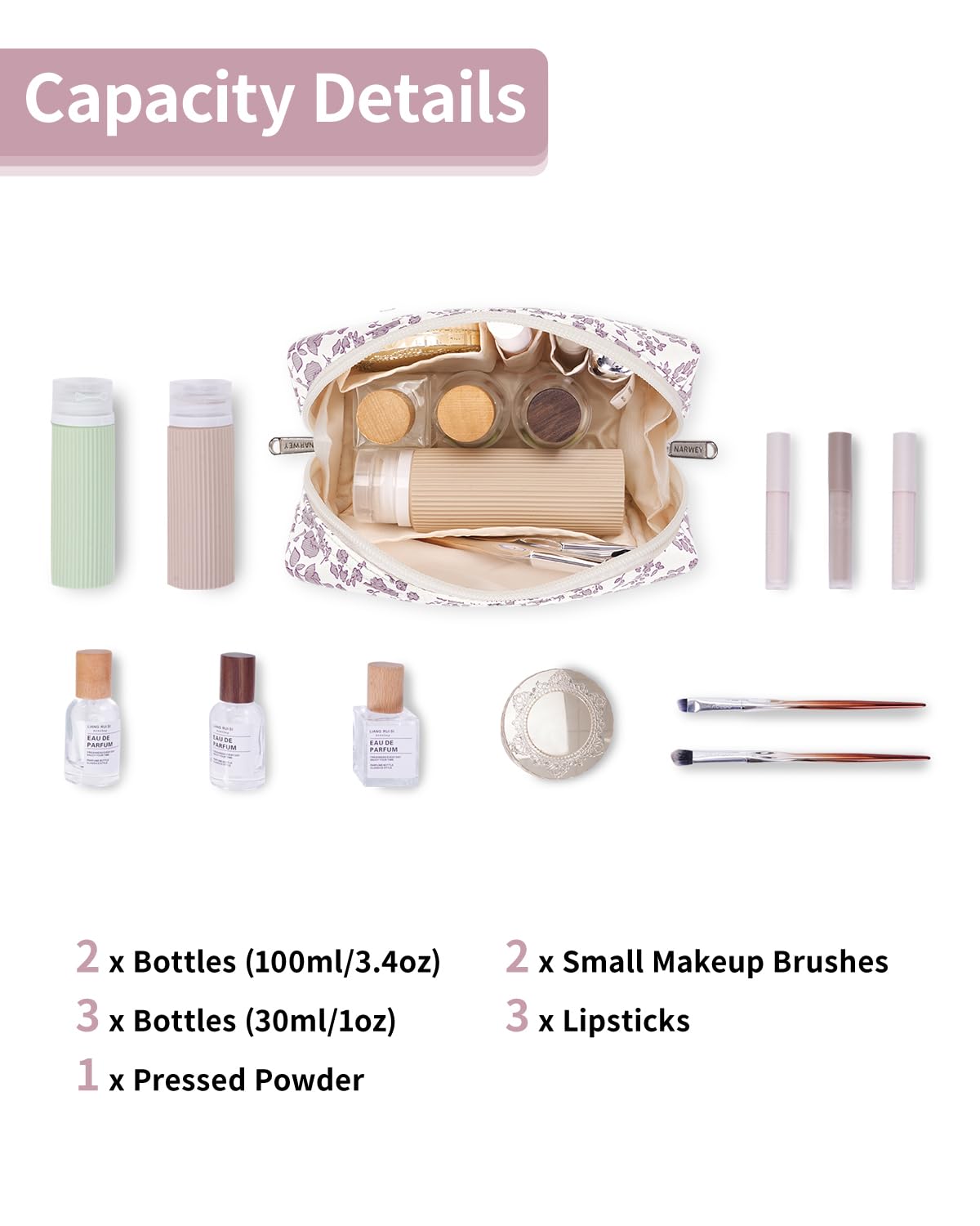 Narwey Small Cute Floral Makeup Bag for Purse Mini Cosmetic Bag Travel Makeup Pouch Zipper Pouch Cute Make up Bags with Compartments for Women Girls (Little Dusty Pink Flower, Small)