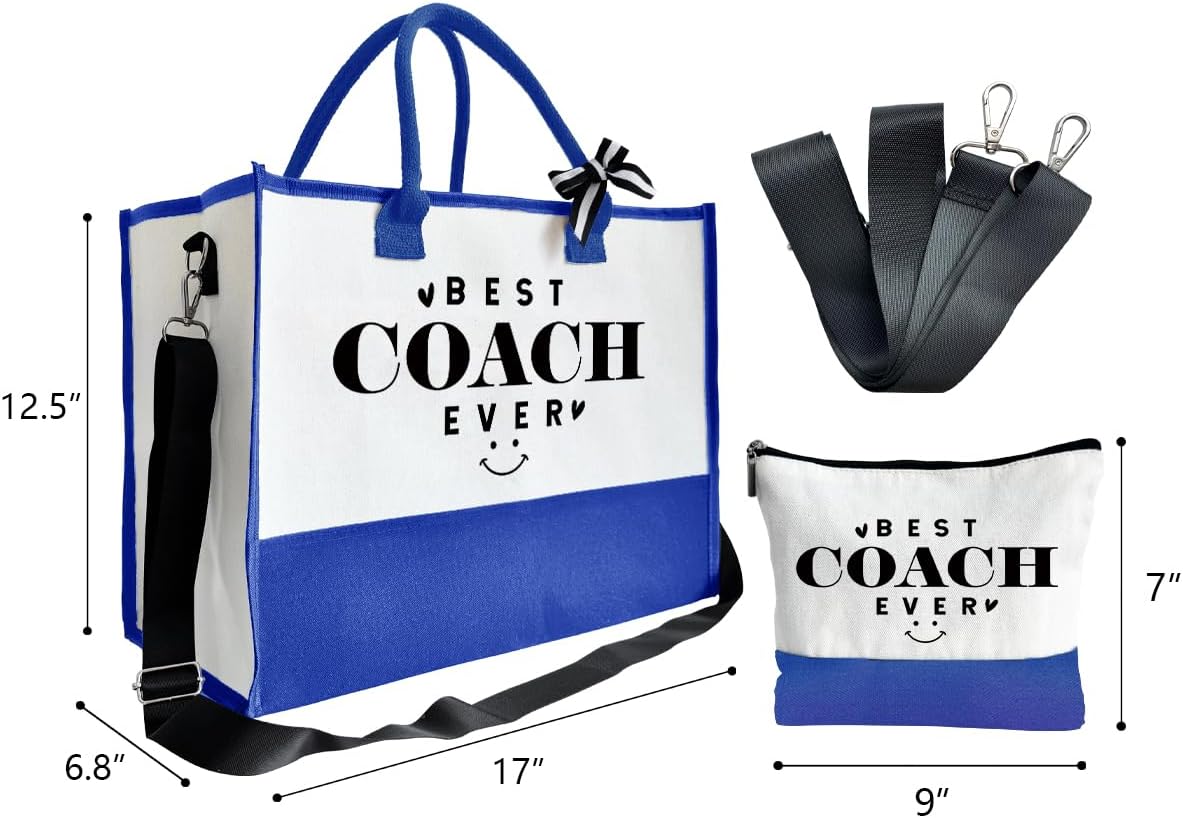 SUSZDOU Gifts for Best Coach Ever - Canvas Beach Tote Bag with Matching Makeup Pouch, Durable Travel Gym Camping Bag, Thank You Gift for Sports Coach, Female Trainers Gifts for Women G1