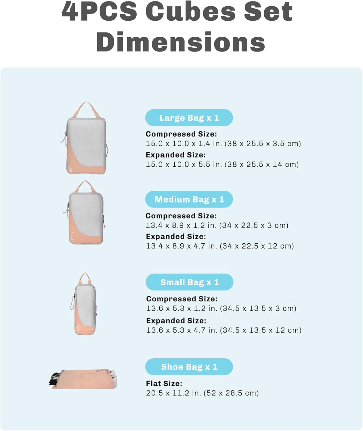 Hynes Eagle 6 Set/ 4 Set/ 2 Set Compression Packing Cubes Travel Essentials Lightweight Nylon Luggage Suitcase Organizer Bag Light Pink 4PCS