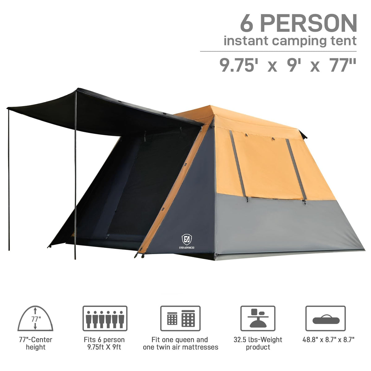 EVER ADVANCED Blackout 6 Person Camping Tent, Instant Cabin Tent for Family with Vestibule and