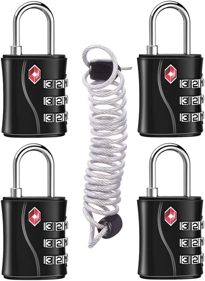 ZHEGE TSA Luggage Lock for Train 4 Pack, 1 Cable (30 Inch), Travel Lock for Backpack, Suitcase, School Gym Locker (Black, 4 Pack)