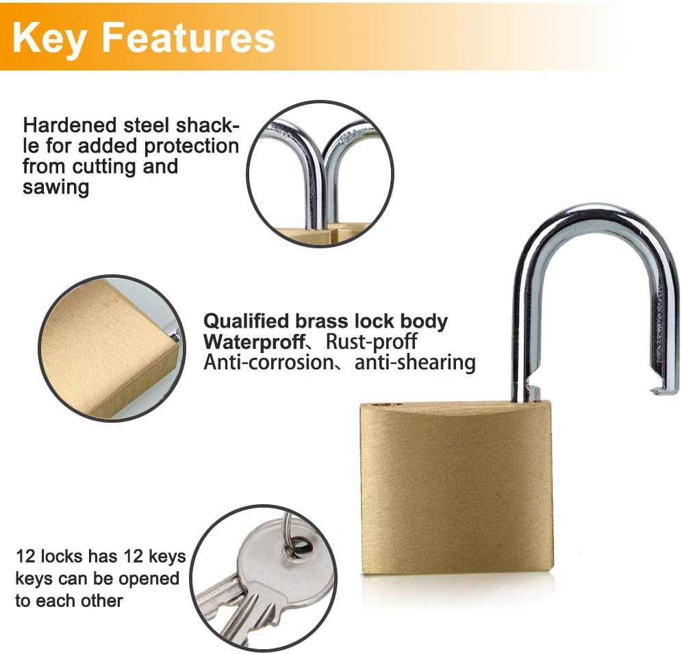 ABRAFOX Solid Brass Same Keyed Padlock keyed Alike Weatherproof Locks （1-9/16 inch 40mm-12pack