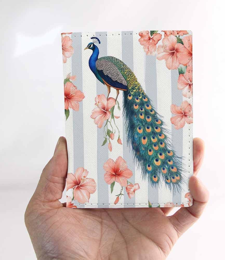 Peacock Hibiscus Passport Holder for Travel Beautiful Floral Abstract Geometric PU Leather Passport Cover Wallet Cute Passport Card Holder for Women and Men