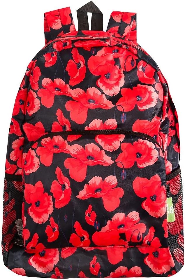 ECO CHIC Lightweight Foldable Daypack Backpack - Poppies, Navy, 200mm x 270mm x 25mm (folded), 430mm x 270mm x 160mm (unfolded)