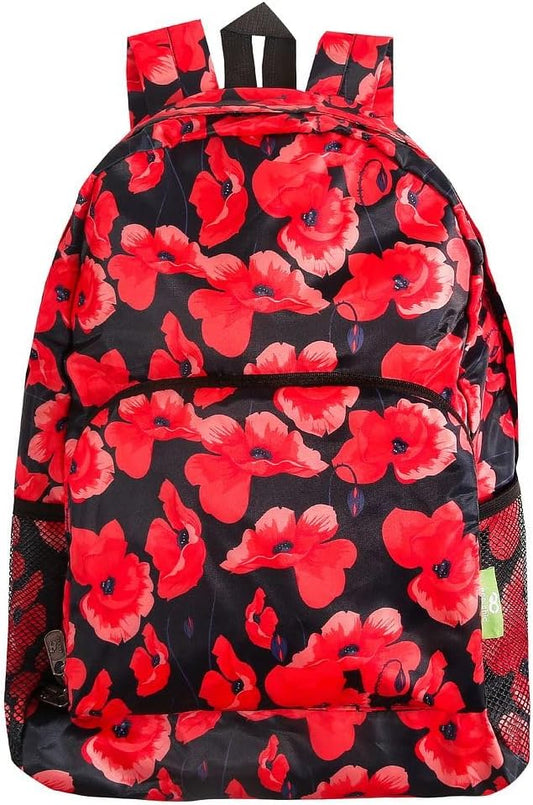ECO CHIC Lightweight Foldable Daypack Backpack - Poppies, Navy, 200mm x 270mm x 25mm (folded), 430mm x 270mm x 160mm (unfolded)