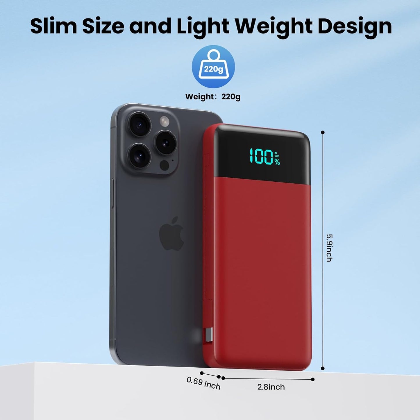 YHO Portable Charger 13800mAh for iPhone with Built-in Cables & AC Wall Plug,5-in-1 USB-C Power Bank,LCD Display External Battery Pack Phone Charger Compatible with iPhone 16/15/14,Android (Red)