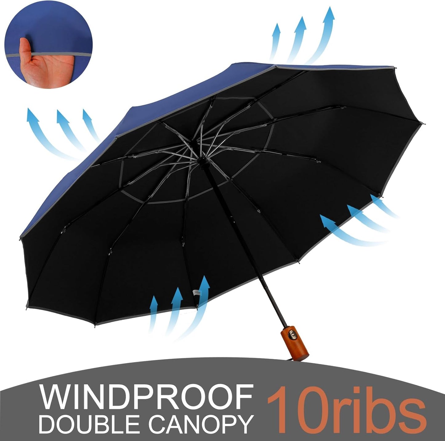 Satol Extra Large Golf Umbrella, 46/54/62 Inch Windproof 10 Ribs Vented Double Canopy Reflective Strips Automatic Open/Close Waterproof UV Protection Portable Compact Umbrella for Outdoor & Travel