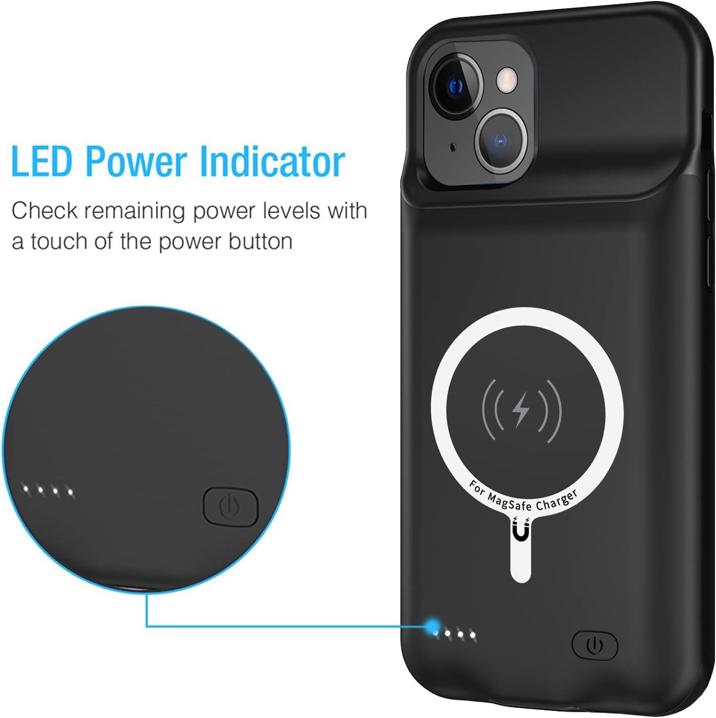 Battery Case for iPhone 13, Enhanced 10000mAh Portable Protective Smart Wireless Charging Case Support Carplay Compatible with iPhone 13 (6.1 inch) Rechargeable Extended Battery Charger Case (Black)