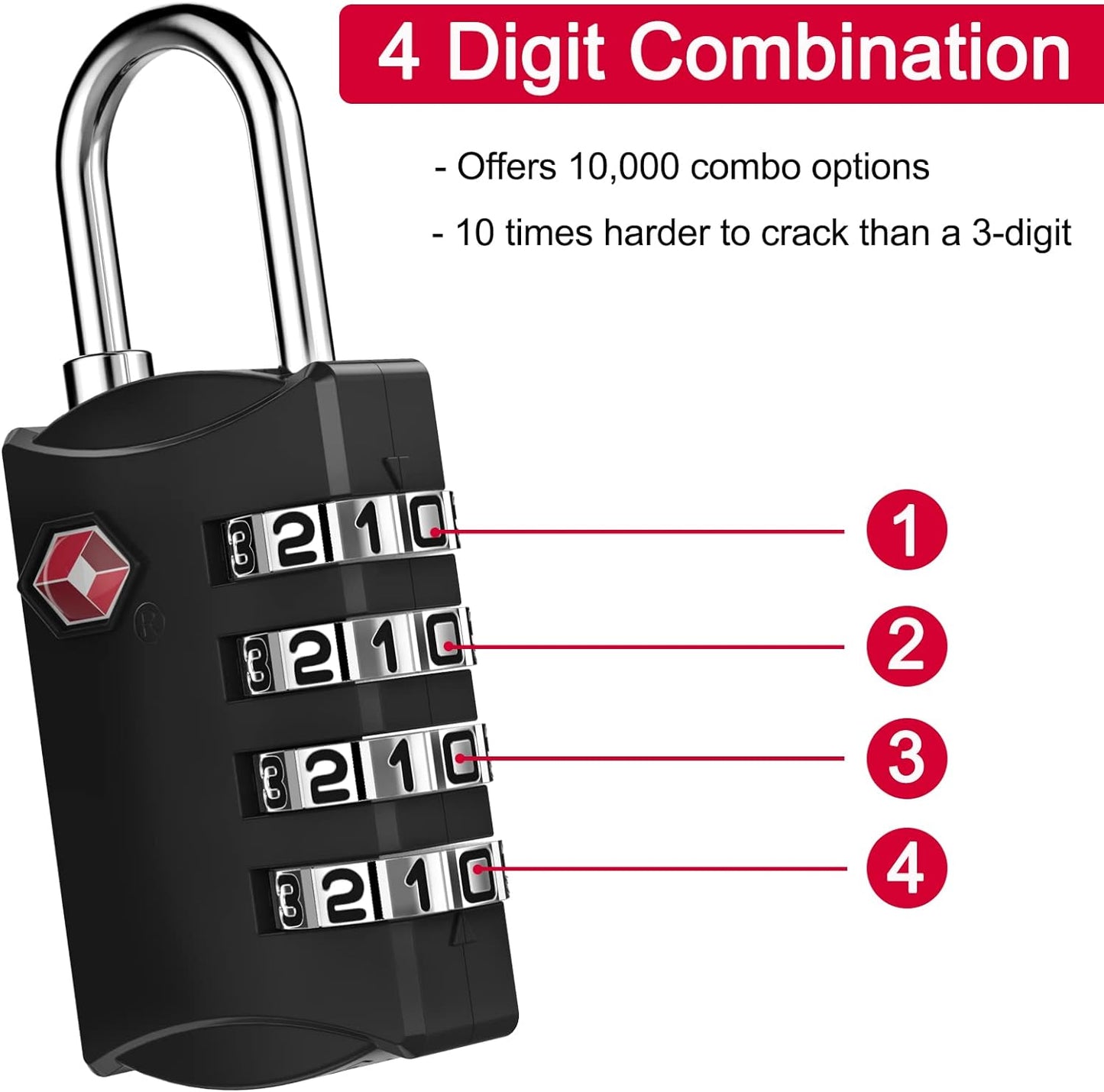 ZHEGE TSA Approved Luggage Lock for Train Travel, 4 Digit Combination Lock for School Gym Locker, Suitcase, Backpack, Cabinet, Drawer, Easy Read Dial with Alloy Body (1 Pack, Black)