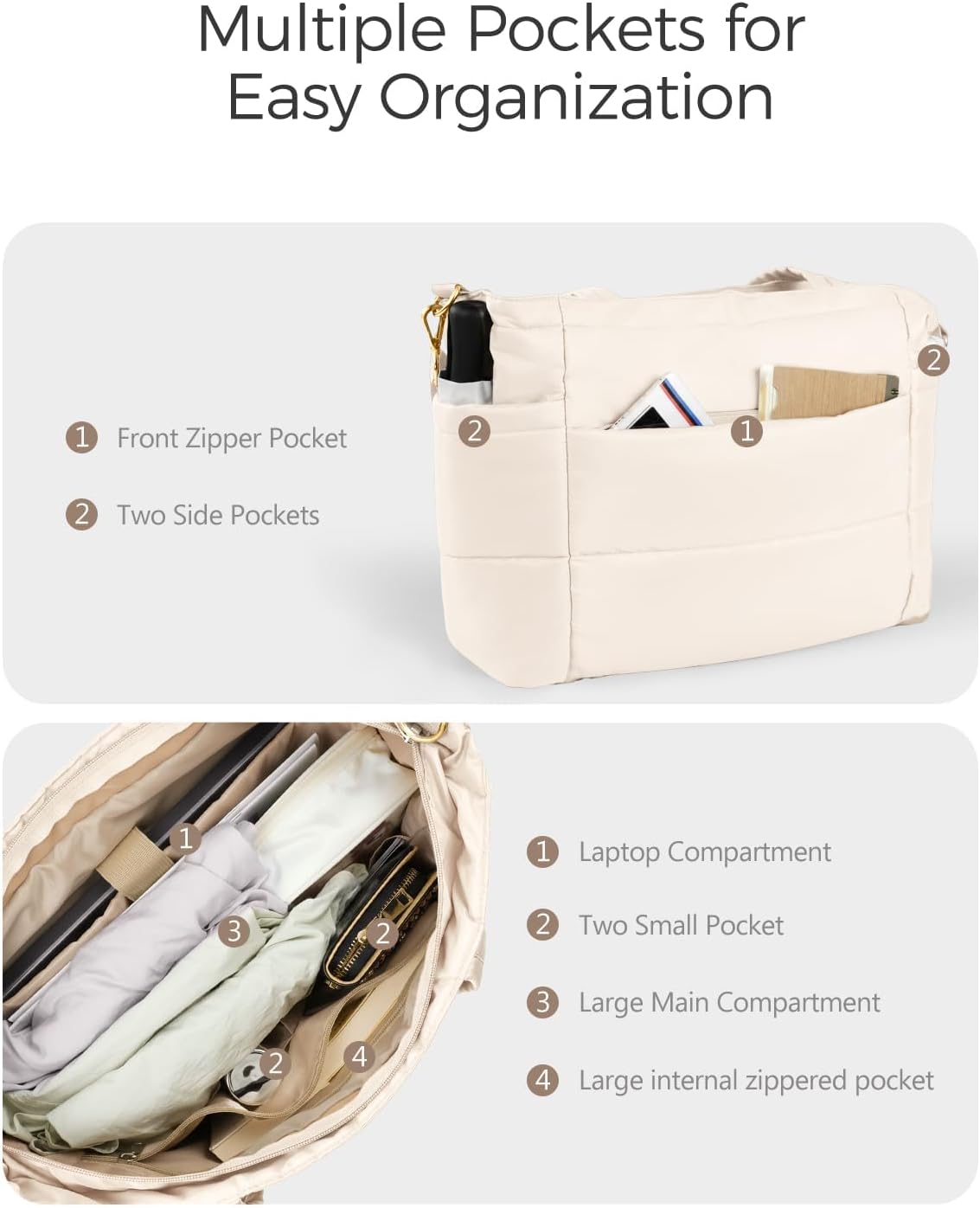 Puffer Tote Bag for Women, Lightweight Quilted Work Purse with Phone Pocket Fits 15.6" Laptop for Nurse Teacher Travel