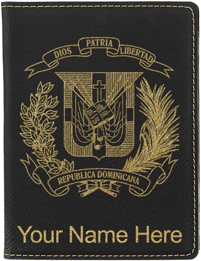 LaserGram Faux Leather Passport Holder, Coat of Arms Dominican Republic, Personalized Engraving Included (Black with Gold)