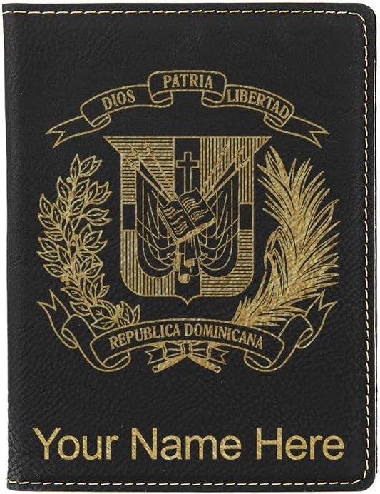 LaserGram Faux Leather Passport Holder, Coat of Arms Dominican Republic, Personalized Engraving Included (Black with Gold)