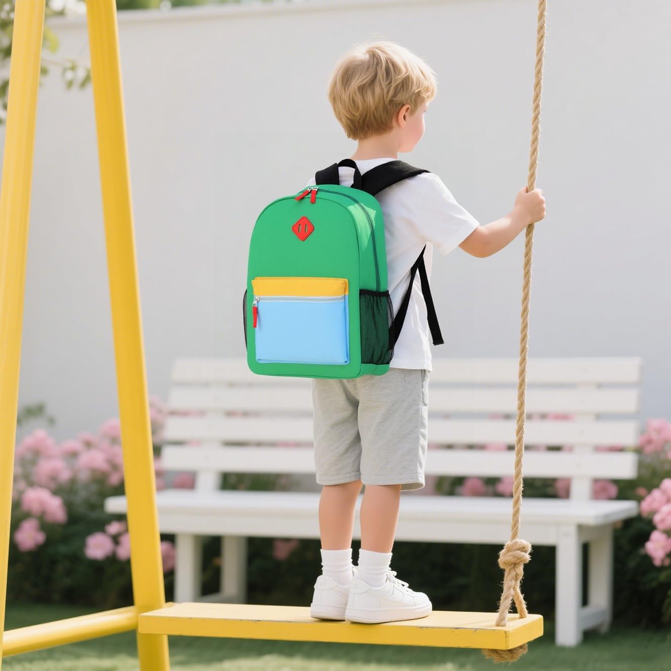 Kids Backpack Lunch Box Set Kindergarten School Backpacks 3-6 Years for Boys and Girls with Chest Buckle (Set Green Blue, Medium-15 H)