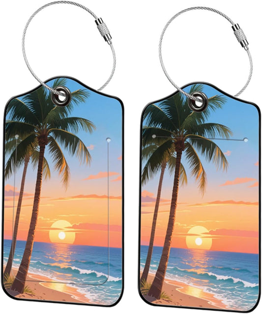 2 Pack Palms Leather Luggage Tags for Suitcases, Travel Bag Tags with Privacy Cover ID Label with Stainless Steel Loop for Women Men Girls Backpack Gift (Blue Orange)