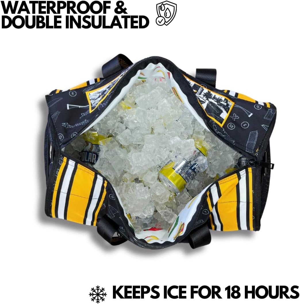 Varsity Cooler Pittsburgh Travel Party Duffel & Cooler – 30 Can Leakproof Insulated Tote Bag, Waterproof Soft compartment for Tailgating, Golf, Beach, Carry-On Luggage & Outdoor Sports