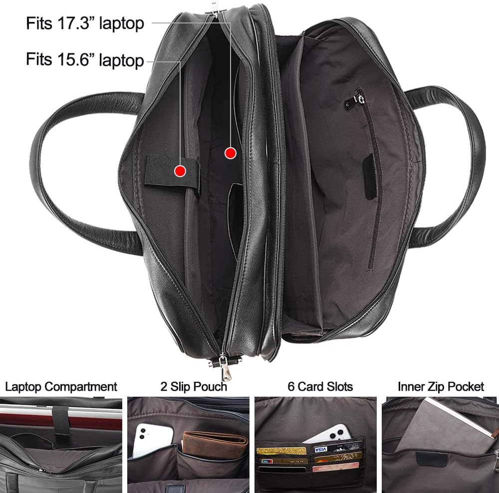 TIDING Leather Business Travel Briefcase for Men, Large 15.6" 17.3" Laptop Crossbody Shoulder Messenger Bag Office Handbag