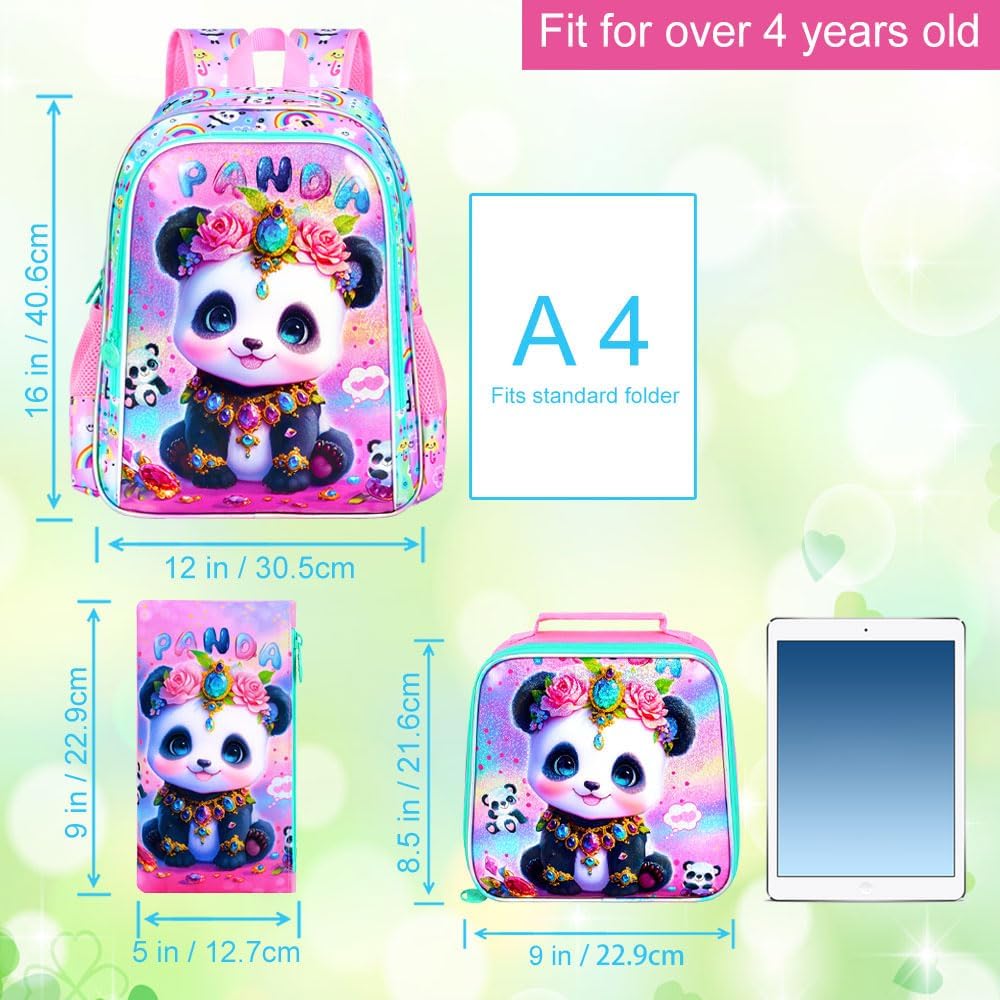 3Pcs Panda Backpack for Girls, 16" Kids School Backpacks with Lunch Box, Bookbag for Elementary