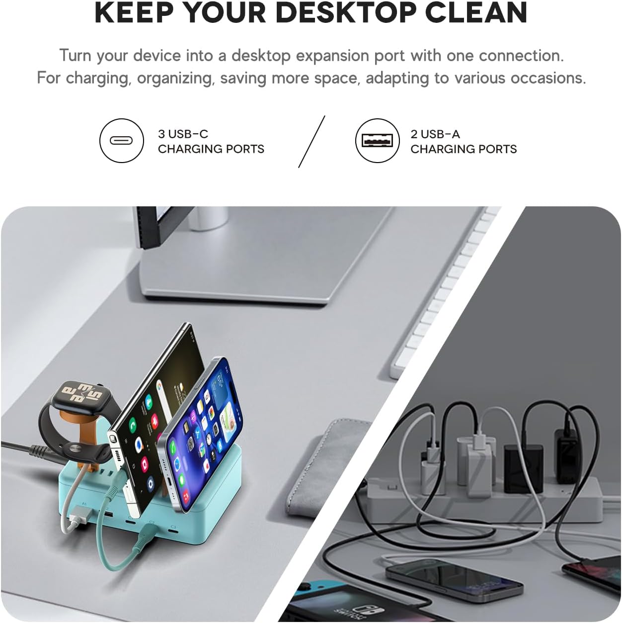 KFD 70W 65W 45W GaN Charging Station for Multiple Devices 5-Port USB C Charger for 40W iPhone 17 Samsung S25 iPad Nintendo Switch 2 Charging Dock Organizer Fit Living Room/Kitchen/Bedroom/Nightstand