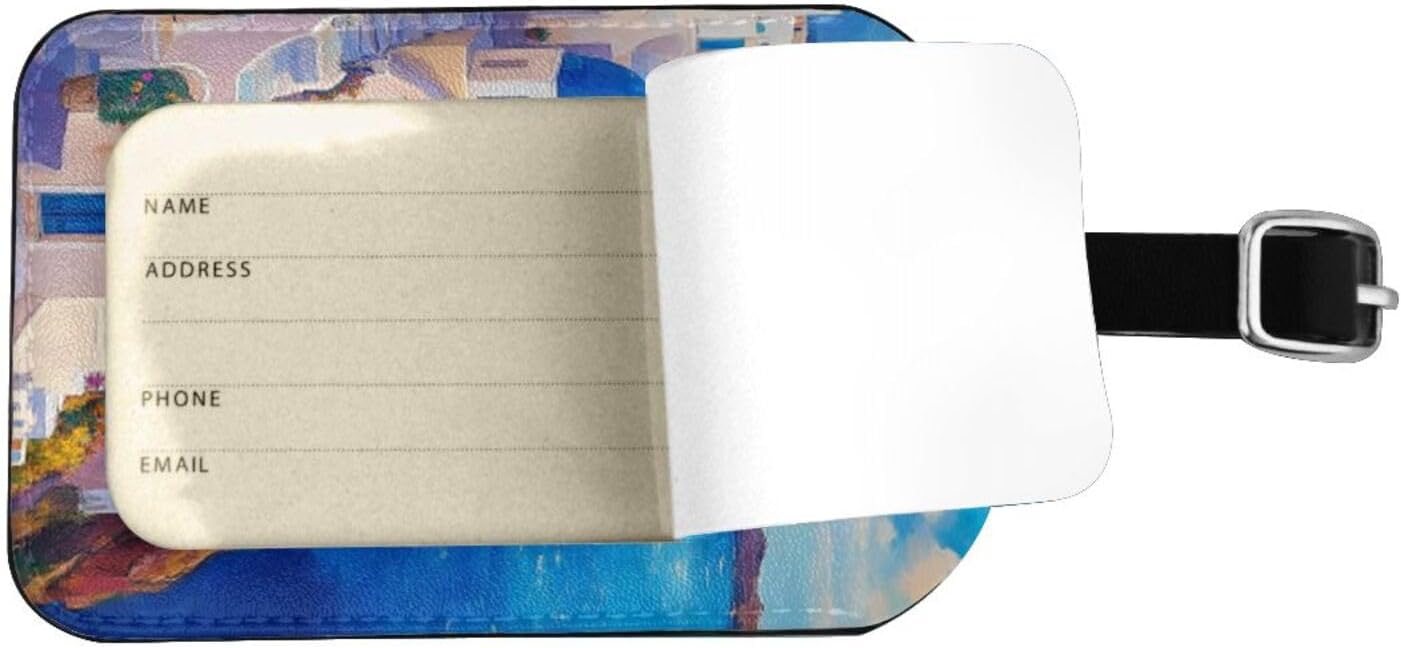 Aegean Sea Greece Luggage Tag for Suitcases,Santorini Landscape Painting PU Leather Baggage Tags Bag Tags Travel Id Label for Luggage Women Men -1 Piece