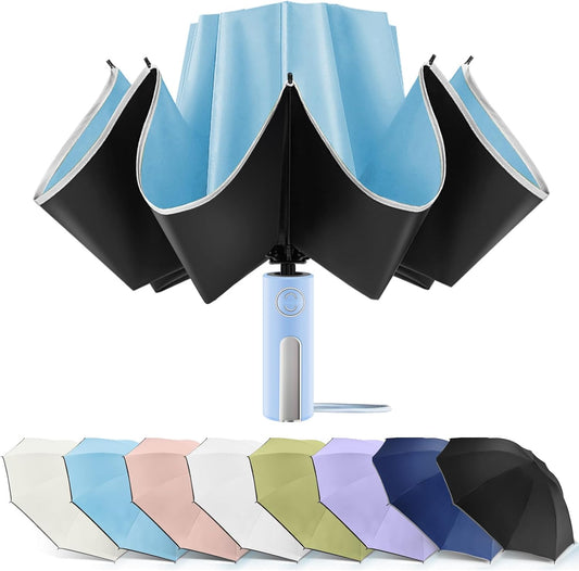 Bodyguard Inverted Umbrella - Large Windproof for Rain & Sun, Compact Reverse With Reflective Stripe, Teflon-Coated for Women Men, Travel Folding With Cover Bag