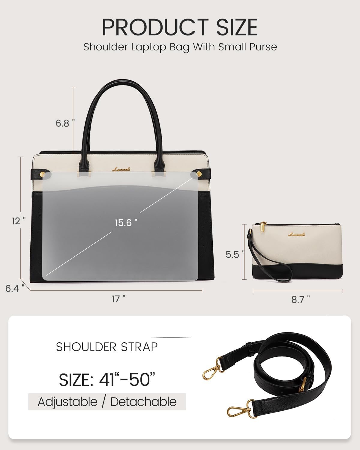 LOVEVOOK Laptop Tote Bag For Women Work, Vintage Leather Computer Bags For Laptops For Women, Waterproof Laptop Bag Business Briefcase Office Large Shoulder Handbag Purse, 15.6 Inch, Black-Beige