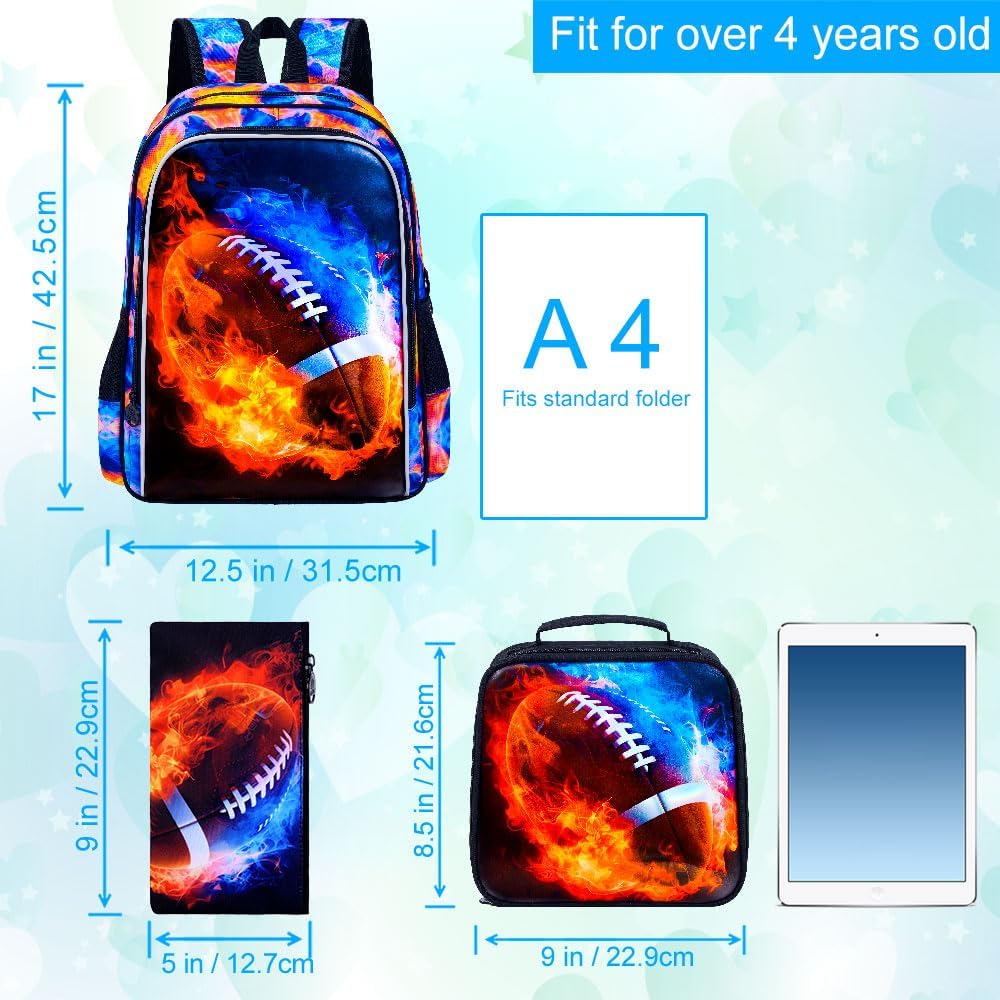 UFNDC 3PCS Kids Rugby Backpack, Boys Fire Bookbag with Lunch Box, 17" Water Resistant School Bag