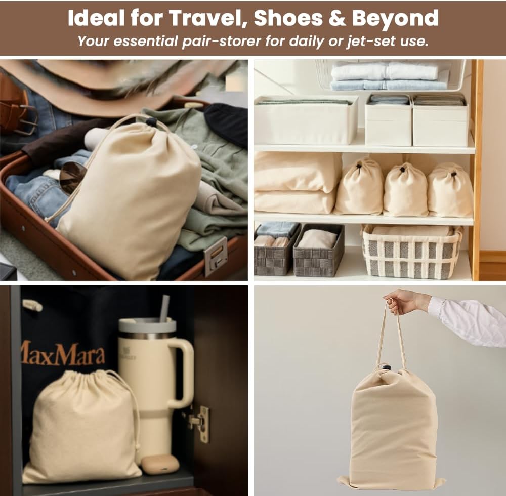 LFH Cotton Shoe Storage Bags with Drawstring, Dustproof Breathable Reusable Organizer, Perfect For