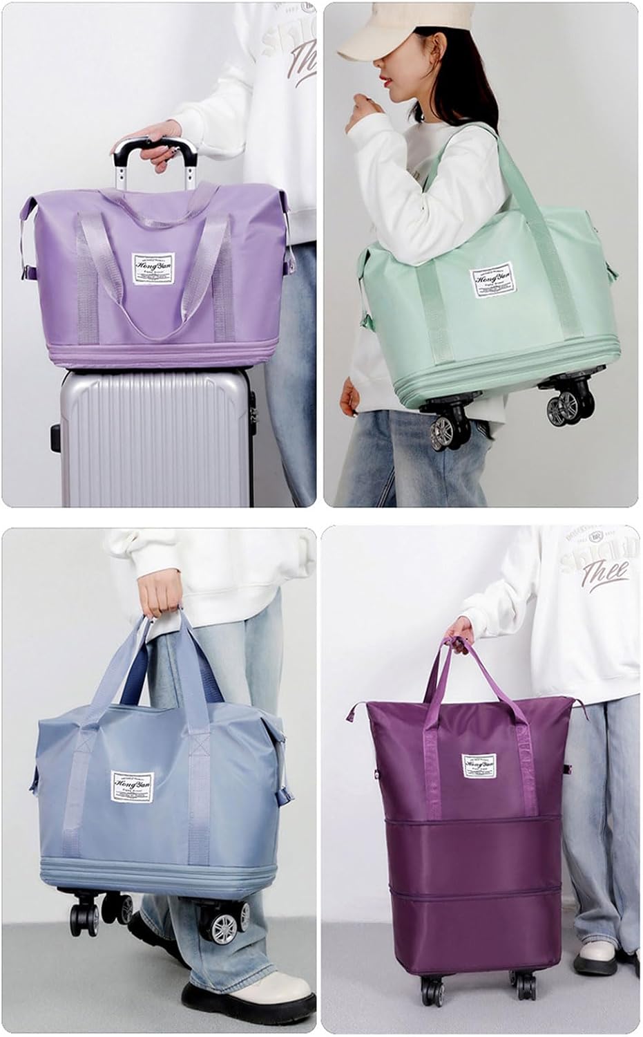 Purple Folding Shopping Cart Bag Trolley Luggage with Detachable Wheel, Expandable, Fabric, Indoor Use
