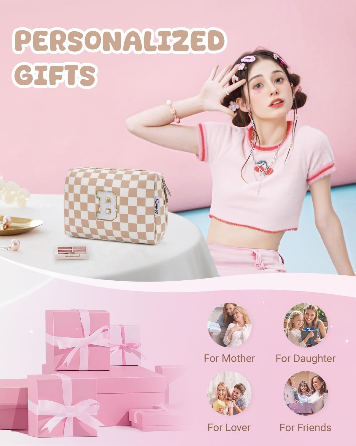 Narwey Birthday Gifts for Women Teen Girls Kids Personalized Initial Checkered Makeup Bag Cute