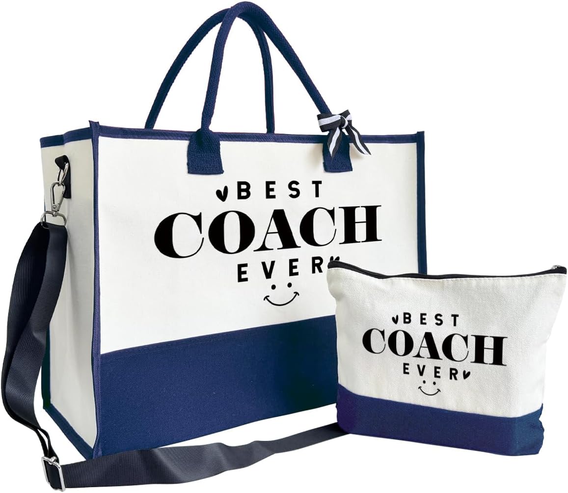 SUSZDOU Gifts for Best Coach Ever - Canvas Beach Tote Bag with Matching Makeup Pouch, Durable Travel Gym Camping Bag, Thank You Gift for Sports Coach, Female Trainers Gifts for Women C1