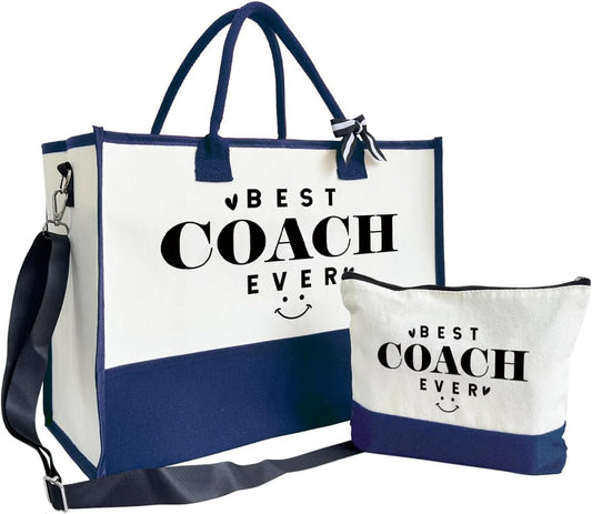 SUSZDOU Gifts for Best Coach Ever - Canvas Beach Tote Bag with Matching Makeup Pouch, Durable Travel Gym Camping Bag, Thank You Gift for Sports Coach, Female Trainers Gifts for Women C1