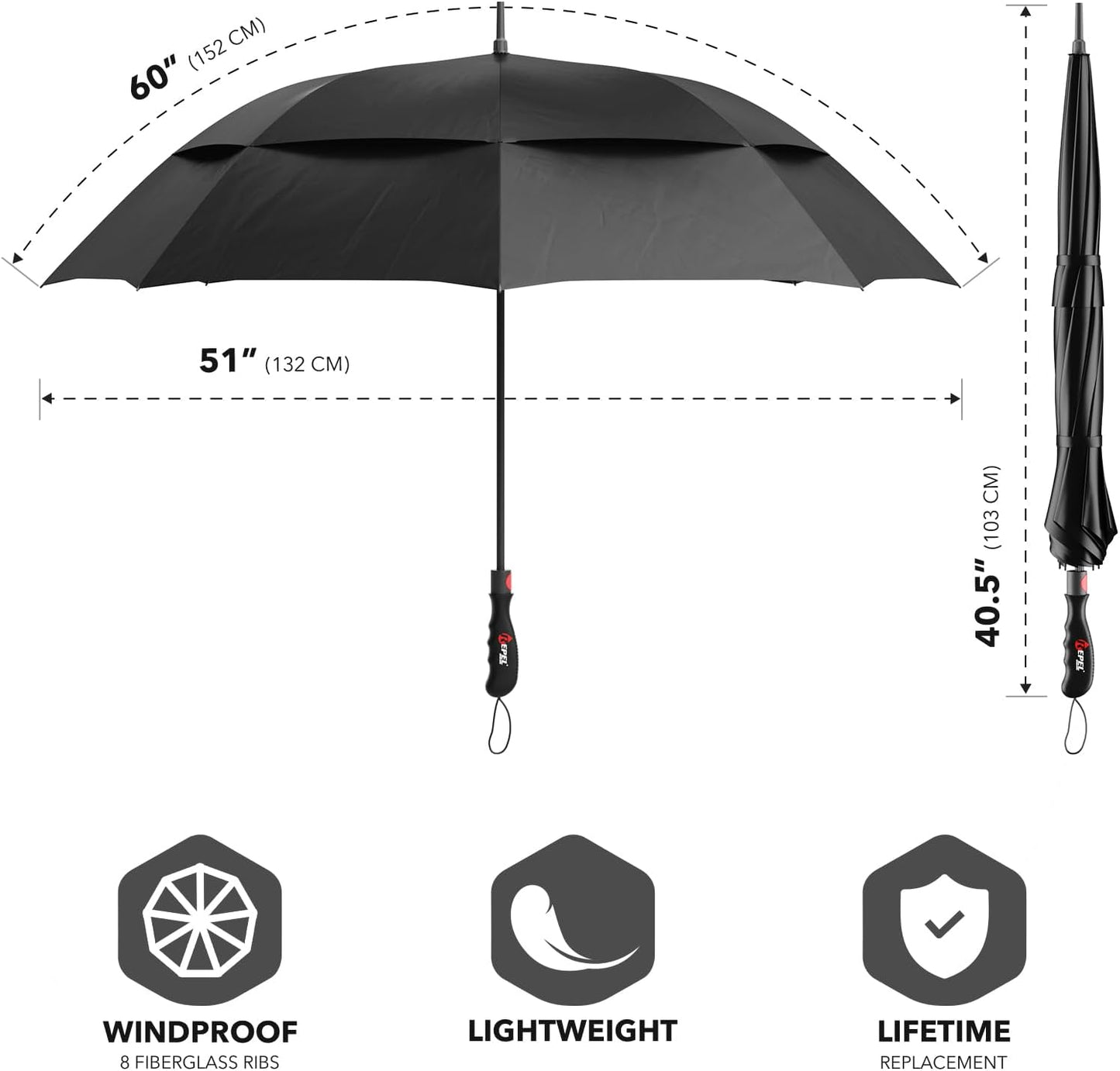 Repel Umbrella Extra Large Windproof Golf Umbrella - Covers 2 People - 60" Wide Vented Double Canopy with Reinforced Fiberglass Ribs, Waterproof Coated Canopy