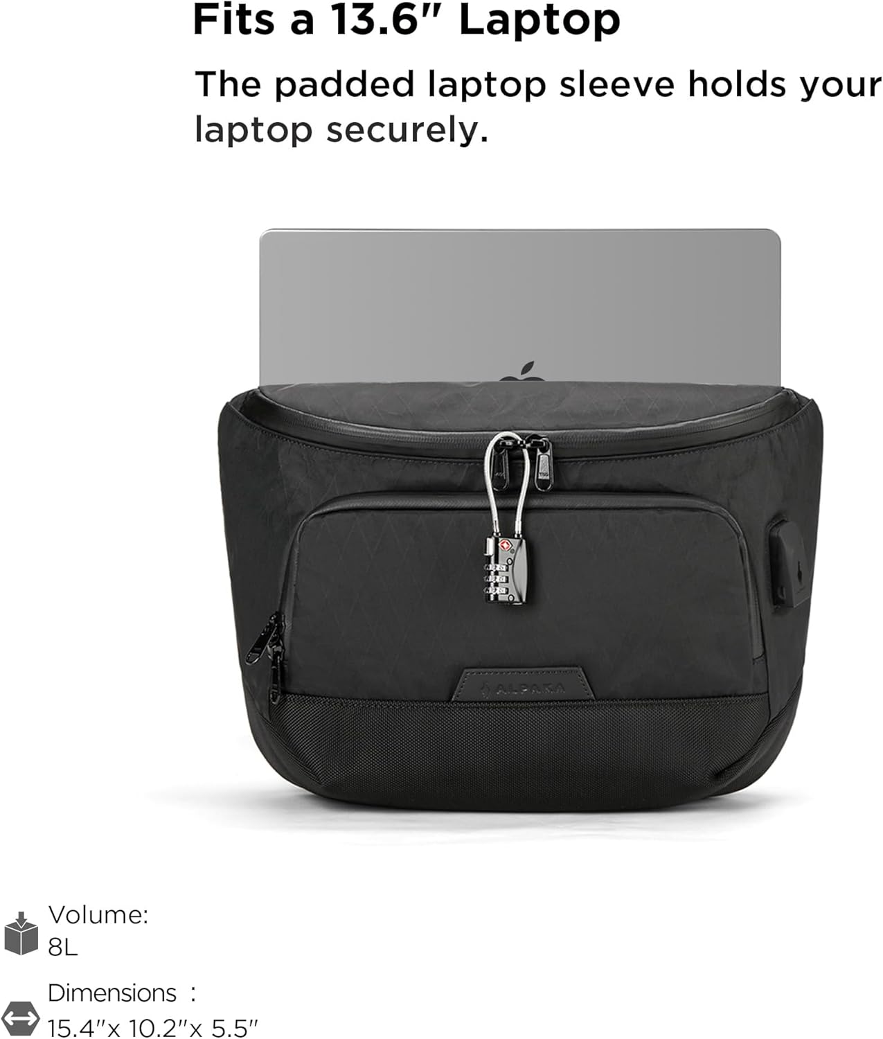 ALPAKA Bravo Sling Max, 8L RFID-Blocking Sling Laptop Bag for Men with Maglockz Buckle, Lockable Zips & External USB Port