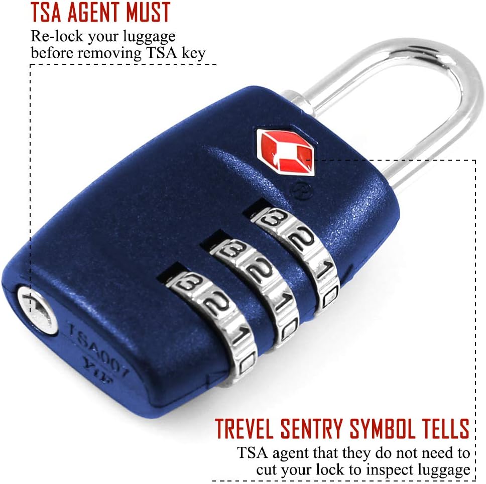 DanziX TSA Approved Lock and 4 Colors Stainless Steel Safety Tether，3-Dial Combination Travel Luggage Lock with Lanyard Security Cable for Protect Your Different Sizes of Suitcase,Baggage-Deep Blue
