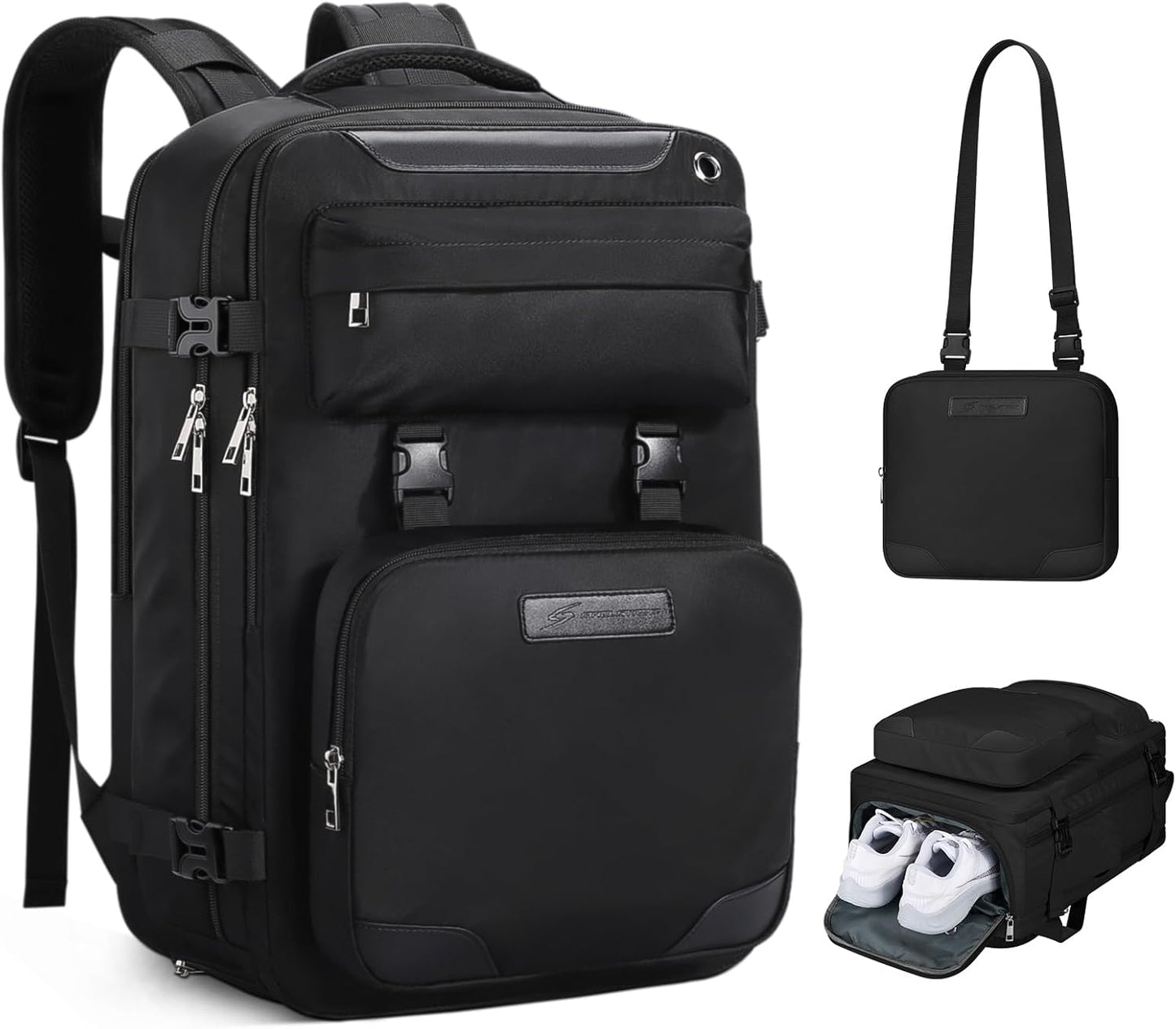 Maelstrom Travel Backpack for Women Men,35L Laptop Backpack Fits 17-Inch Laptop, Waterproof School Work Backpack for Airplanes with Detachable Crossbody Bag & Shoe Compartment (Black, Large-Upgrade)
