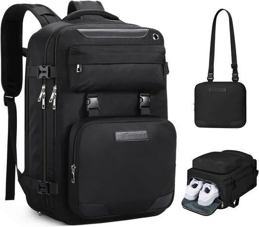 Maelstrom Travel Backpack for Women Men,35L Laptop Backpack Fits 17-Inch Laptop, Waterproof School Work Backpack for Airplanes with Detachable Crossbody Bag & Shoe Compartment (Black, Large-Upgrade)