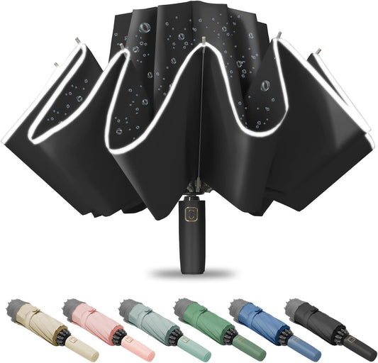 Large Windproof Travel Umbrella, Portable Reverse Folding Car Umbrella, Compact Inverted Design with Waterproof Canopy, Automatic, 10 Durable Ribs, 45.6/13 Inch, Fits Backpack