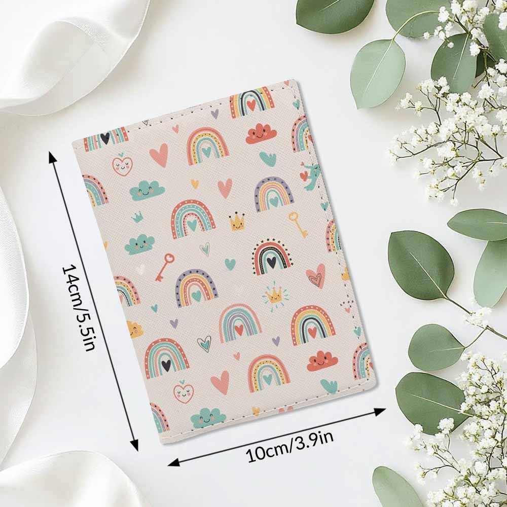 Magic Rainbows Passport Holder for Travel Smiling Heart Key Crown PU Leather Passport Cover Wallet Cute Passport Card Holder for Women and Men