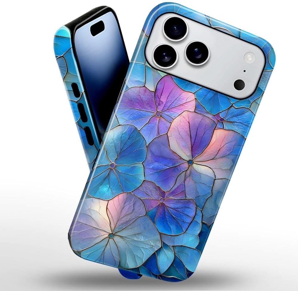 Case for iPhone 17 Pro Max - Slim Fit Anti-Scratch Phone Case for Girl Women - Blue Hydrangea Floral Stained Glass Aesthetic (Glossy)