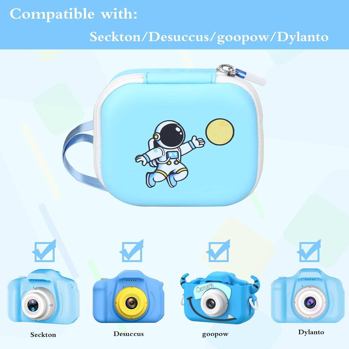 Kids Camera Case Compatible with Seckton/Desuccus/Goopow/Dylanto/Desuccus/DITUPAN/GKTZ/masterbee/Hangrui Digital Video Camera Toys Camcorder Storage Holder Carrying - Light Blue Astronaut(Case Only)