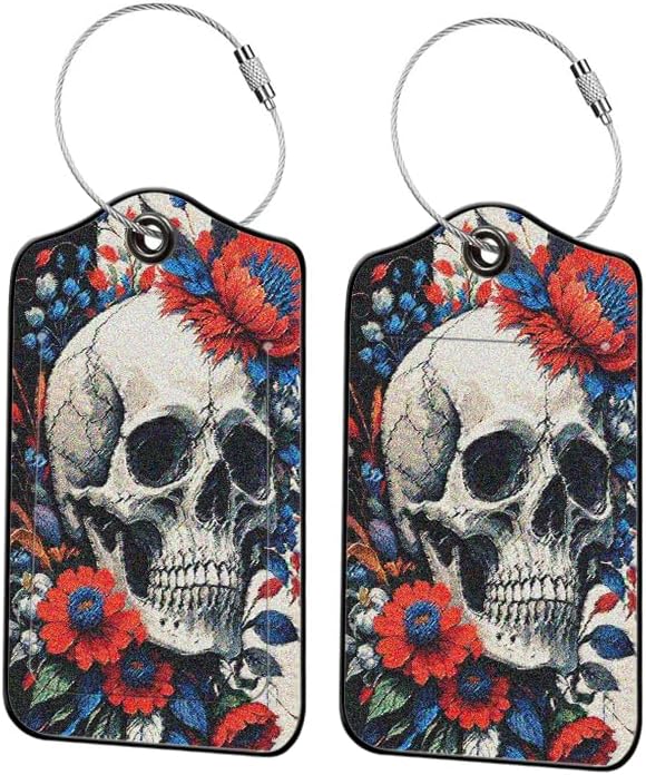 2 Pack SkullFlower Leather Luggage Tags for Suitcases, Travel Bag Tags with Privacy Cover ID Label with Stainless Steel Loop for Women Men Girls Backpack Gift (Grey Red)