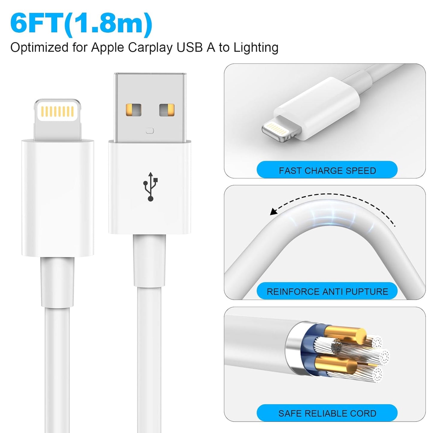 Car Apple Carplay Cable，USB A to Lightning Cable 6FT Compatible with iPhone 14 13 12 11 Pro Max XR XS X Charger Cord，Car Charging Cord（White）
