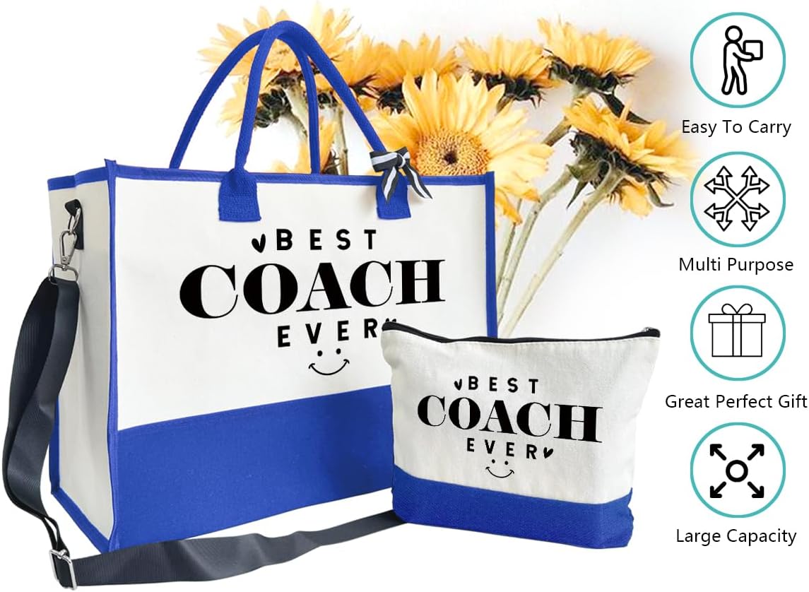 SUSZDOU Gifts for Best Coach Ever - Canvas Beach Tote Bag with Matching Makeup Pouch, Durable Travel Gym Camping Bag, Thank You Gift for Sports Coach, Female Trainers Gifts for Women G1