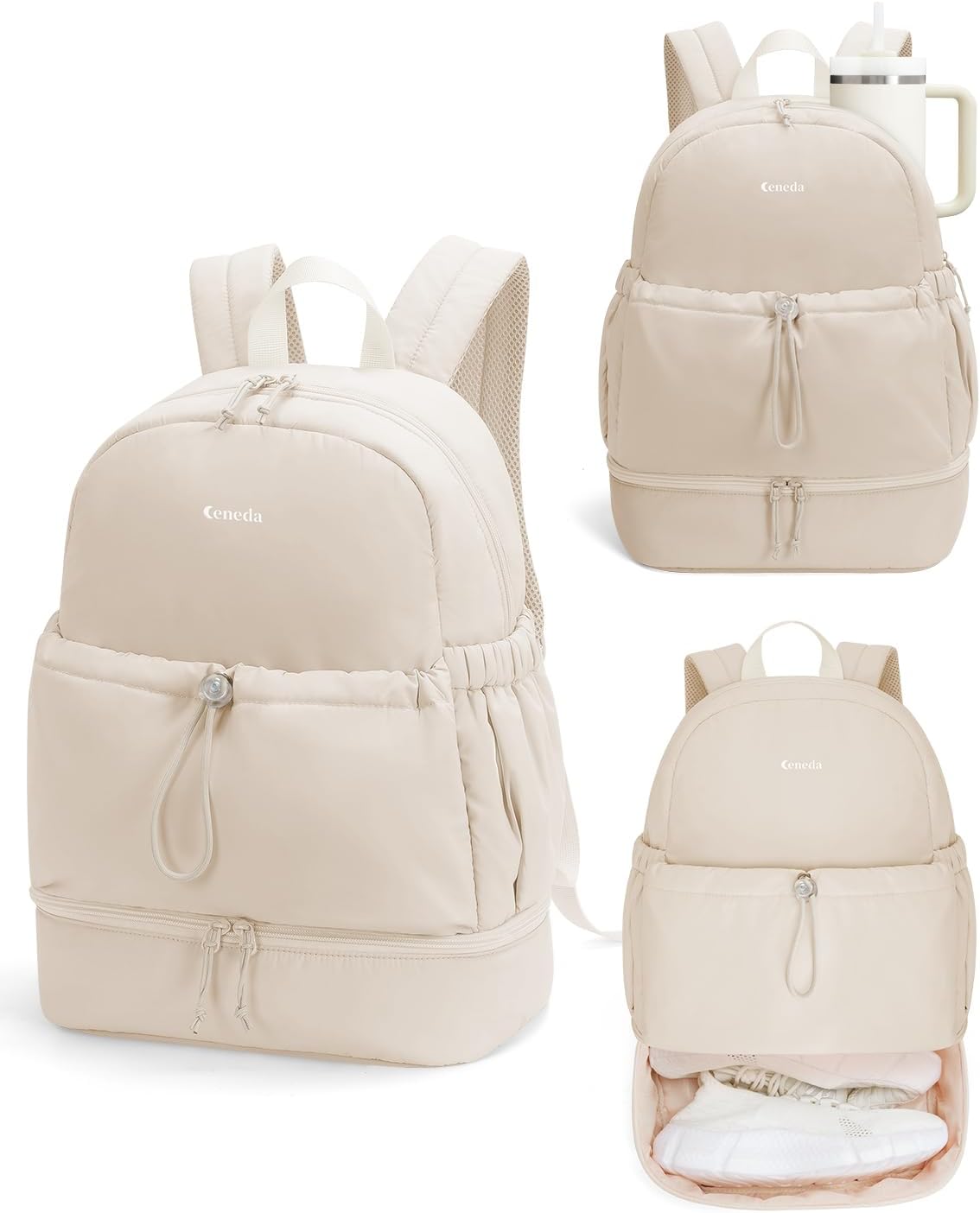 Ceneda Gym Backpack for Women, Lightweight Puffer Backpack with Shoe Compartment, Wet Pocket & Tumbler Strap, Cute Daypack for Fitness, Daily Use & Travel (Beige)